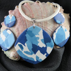 Navy Blue and White 19 1/4&quot; Necklace and Earrings-Handmade Polymer Clay