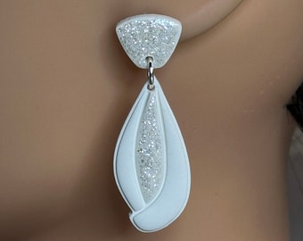 White Matte Earrings with Crystal Resin Inlay~ Handmade with Polymer Clay