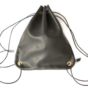 Black Leather Drawstring Backpack, Veg Tan Leather Backpack, Everyday Bag, Day Bag, Gift Sold As Is image 1