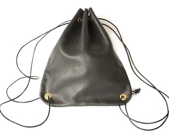 Black Leather Drawstring Backpack, Veg Tan Leather Backpack, Everyday Bag, Day Bag, Gift *Sold As Is