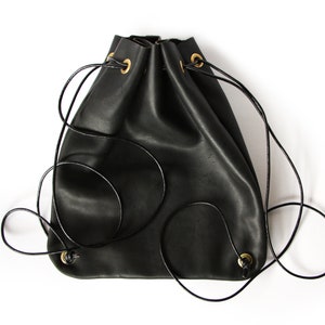 Black Leather Drawstring Backpack, Veg Tan Leather Backpack, Everyday Bag, Day Bag, Gift Sold As Is image 3