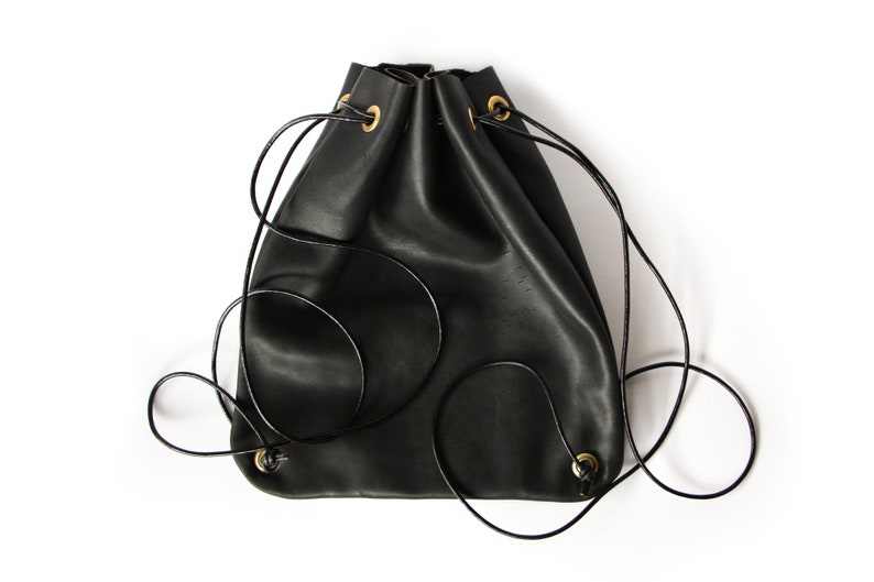 Black Leather Drawstring Backpack, Veg Tan Leather Backpack, Everyday Bag, Day Bag, Gift Sold As Is image 3