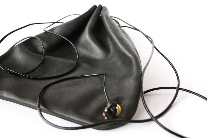 Black Leather Drawstring Backpack, Veg Tan Leather Backpack, Everyday Bag, Day Bag, Gift Sold As Is image 6