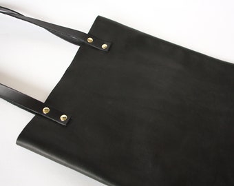 Black Leather Slim Tote With Inside Pocket, Veg Tan Leather Tote, Book Bag, Shoulder Bag, Everyday Bag, Gift *Sold As Is