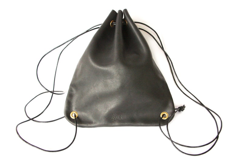 Black Leather Drawstring Backpack, Veg Tan Leather Backpack, Everyday Bag, Day Bag, Gift Sold As Is image 1