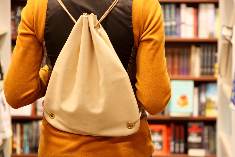 Day Bag Natural Leather Drawstring Backpack Veg Tan Leather Backpack Everyday Bag Lightweight Backpack