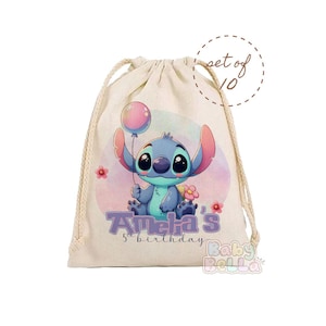 May include: Set of 10 blue and white drawstring bags with a cartoon Stitch character holding a pink balloon. The bags are personalized with the text "Amelia's 5th birthday" in purple.