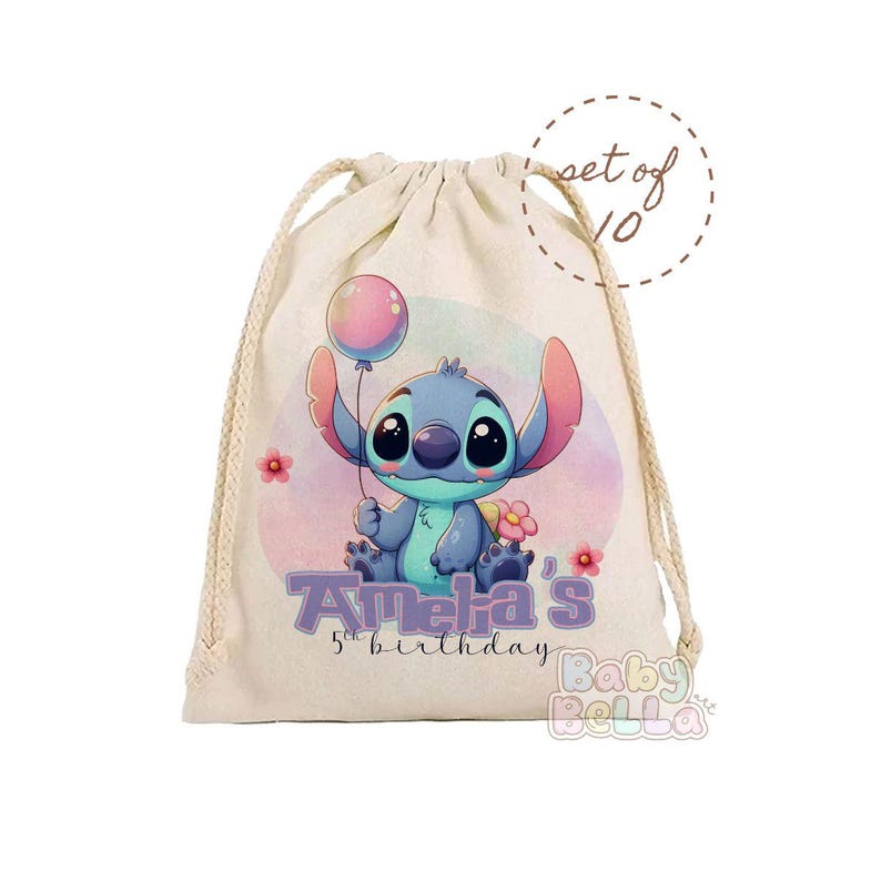 May include: Set of 10 blue and white drawstring bags with a cartoon Stitch character holding a pink balloon. The bags are personalized with the text "Amelia's 5th birthday" in purple.