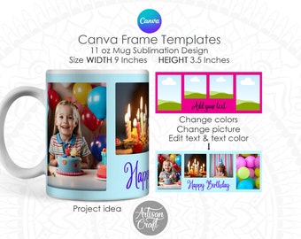 Könnte beinhalten: Eine blaue und weiße Tasse-Sublimationsdesignvorlage mit einer Geburtstagsparty-Szene mit einem Kind, Kerzen und Ballons. Die Vorlage ist 11 Unzen groß und misst 9 Zoll breit und 3,5 Zoll hoch. Der Text auf der Vorlage lautet "Happy Birthday".
