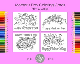 Mütter Tag Färbung Karte, Happy Mothers Day Karte, Daises, Rosen