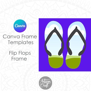 Puede incluir: Una plantilla de marco de Canva con un par de chanclas azules y verdes sobre un fondo morado. El texto "Canva Frame Templates" y "Flip Flops Frame" es visible.