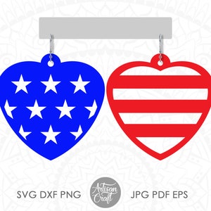 Brincos com bandeira americana, SVG, brincos em formato de coração, 4 de julho, estrelas e listras