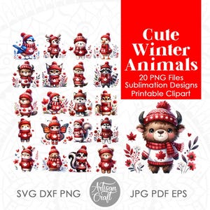 Niedliche Wintertiere mit Ahornblatt, Kanada Weihnachten, Kanada Wildtiere Clipart, Sublimation PNG, druckbare Clipart, Waldtiere