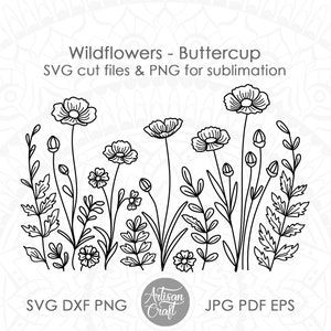 Wildflowers SVG, buttercup flower SVG, Wildflower Field, Floral Line Drawing