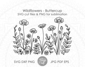Wildflowers SVG, buttercup flower SVG, Wildflower Field, Floral Line Drawing