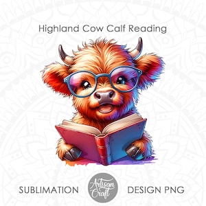 メガネをかけて本を読んでいるかわいいハイランド牛、読書デザイン、昇華デザイン、読書中の牛、PNG ファイル、クリップアート、印刷可能