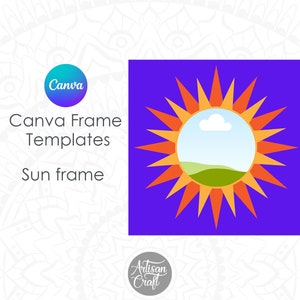 May include: A digital graphic featuring a sun-shaped frame with orange and yellow rays set against a solid purple square background. The center of the sun contains a circular cutout displaying a landscape with a white cloud and green hills.