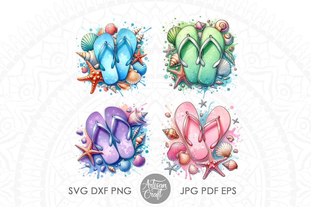 Watercolor Flip Flops Clipart: Summer Beach Seashells (PNG) - Etsy
