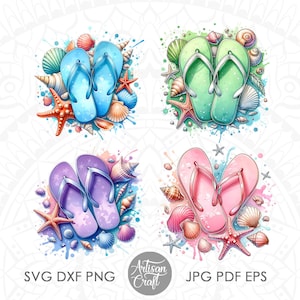 Könnte beinhalten: Vier digitale Illustrationen von Flip-Flops mit Muscheln, Seesternen und Aquarellspritzer. Die Flip-Flops sind in Blau, Grün, Lila und Rosa.