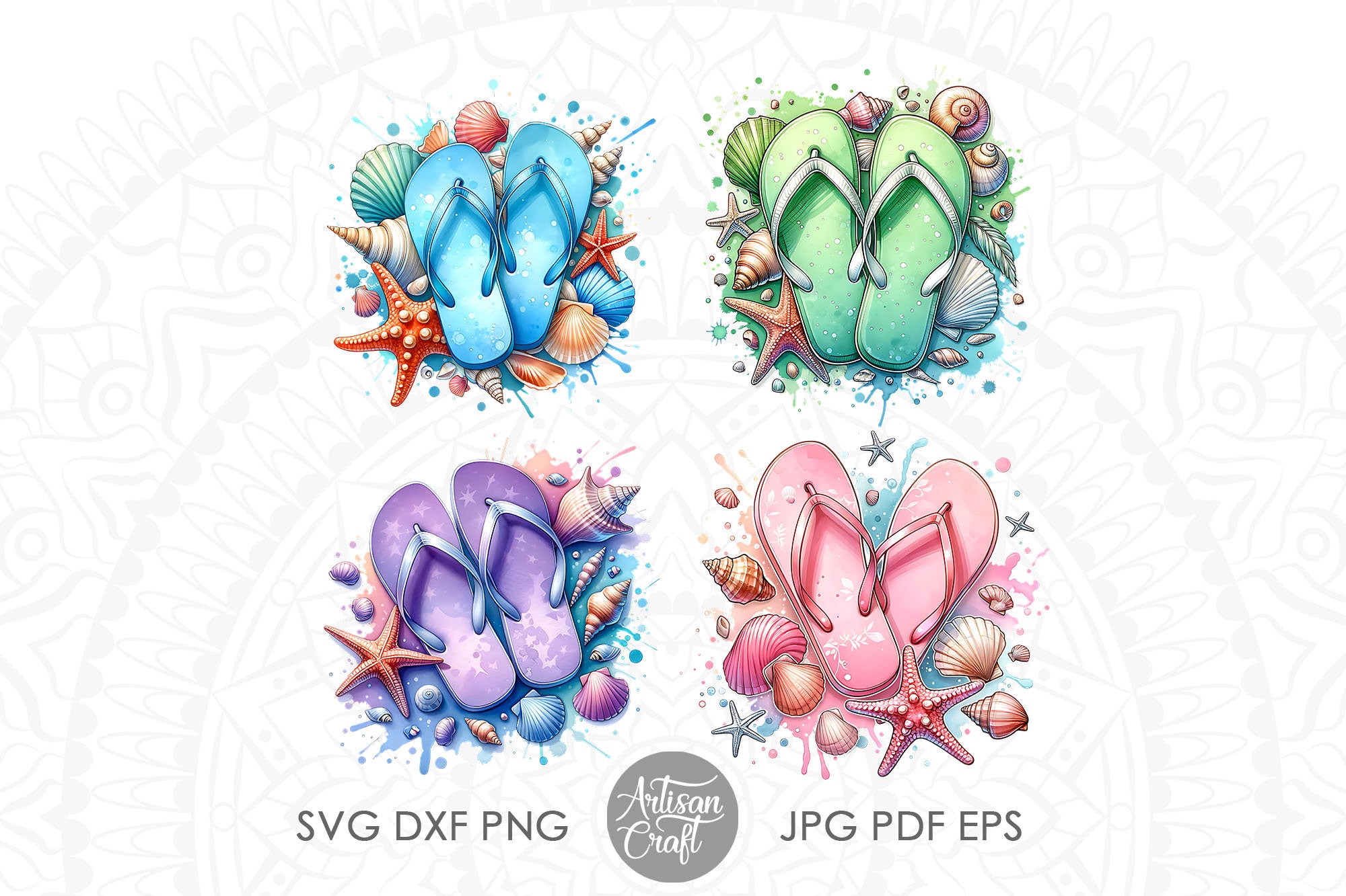 Watercolor Flip Flops Clipart: Summer Beach Seashells (PNG) - Etsy
