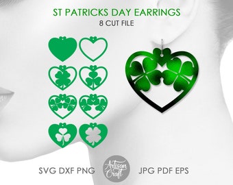 Shamrock earrings SVG, St Patrick's day earrings, shamrock heart ,laser cut files, 4 leaf clover earrings