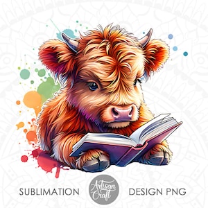 Simpatica mucca delle Highland, lettura di un libro, lettura di mucche, disegno ad acquerello, amanti dei libri