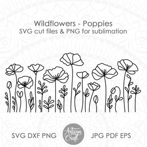 Fleurs sauvages SVG, SVG fleur de pavot, dessin au trait, champ de fleurs sauvages