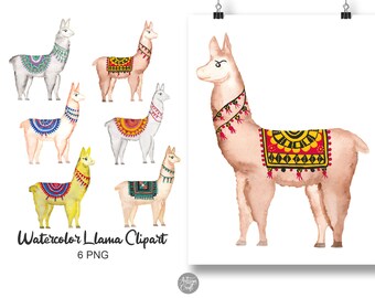 Könnte beinhalten: Eine Sammlung von sechs Aquarell-Llama-Illustrationen in verschiedenen Farben wie Weiß, Gelb und Hellbraun. Jedes Llama ist mit einer bunten gemusterten Satteldecke und dekorativen Halsquasten geschmückt. Der Text lautet Watercolor Llama Clipart 6 PNG.