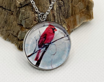 Beautiful Red Cardinal Pendant Glass Cabochon, Sterling Silver Setting, Necklace Gift, Original and Delicate, Wearable Art Jewelry