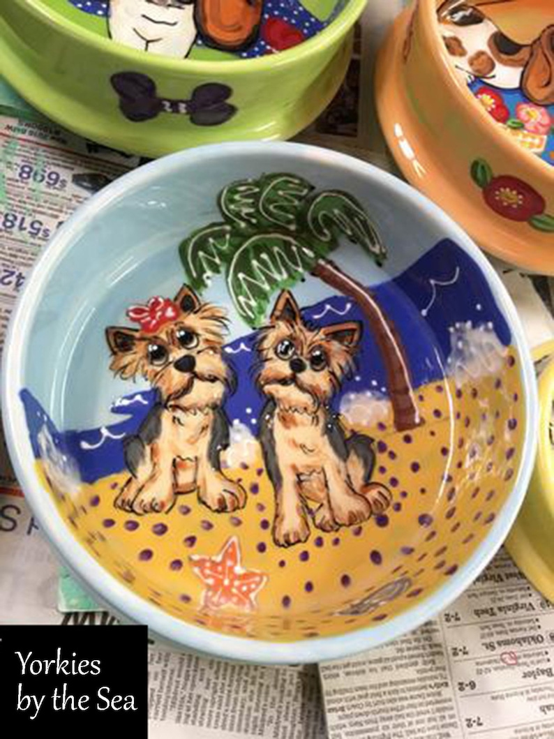 Yorkie Custom Personalized Ceramic Dog Bowls Handmade Painted Pet