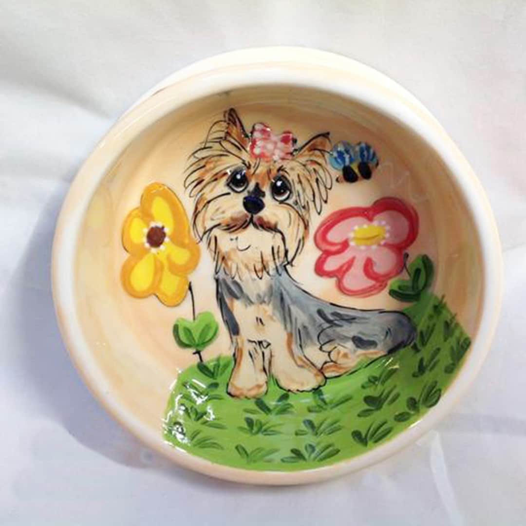 Yorkie Custom Personalized Ceramic Dog Bowls Handmade Painted Pet