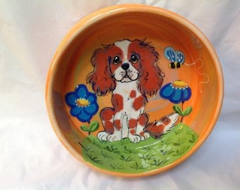 King Charles Cavalier Custom Personalized Ceramic Dog Bowls |  Handmade Painted Pet Ceramic Bowls |  Pet Food Dog Bowls for Small Large Dogs