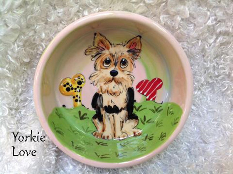 Yorkie Custom Personalized Ceramic Dog Bowls Handmade Painted Pet