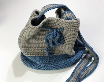 Hand Knitted Crochet Tote Bag - Gray/Blue