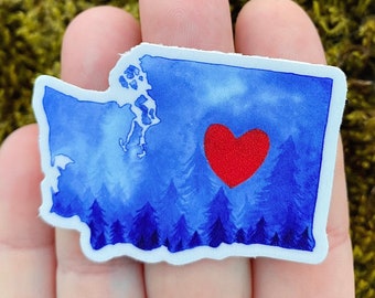 I Heart Washington Sticker | vinyl waterproof laptop decal bumper sticker  | Pacific Northwest souvenir | blue watercolor forest design