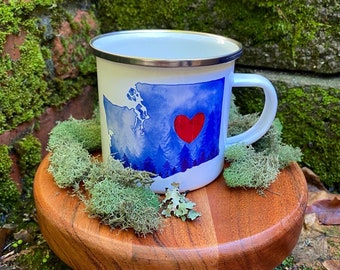I Heart Washington Mug | Camping Tin Enamel Coffee Cup | Outdoorsy Gift for Him | WA State forest design