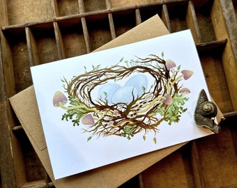 Wenskaart van het Nest van het Ei van Robin | Botanische Illustratie Lege Notecard | Lente Moederdag Viering | PNW Natuurdecor