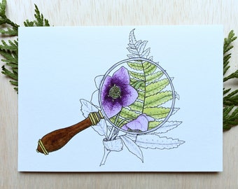 Watercolor Mini Print A7 | Old-Fashioned Magnifying Glass Winter Floral Artwork |