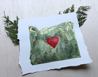 Oregon Watercolor Painting | Green Forest Heart Love Oregon Artwork | Cottagecore Home Decor | ORIGINAL ARTWORK