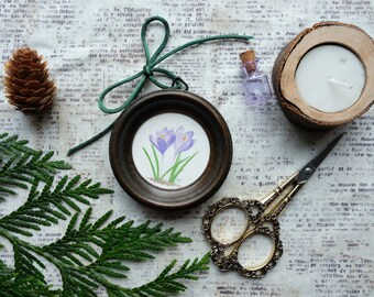 Purple Crocus Watercolor Painting w/ Round Wood Frame | Garden Nature Decor | ORIGINAL ARTWORK