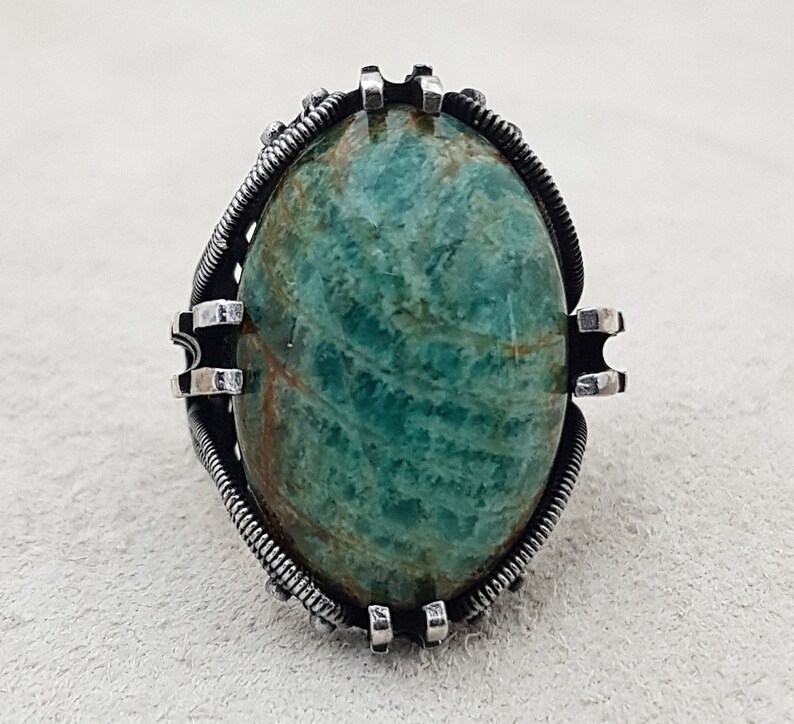 Vintage Oval Amazonite Cabochon and Sterling Silver Handmade Ring FREE Express Shipping!
