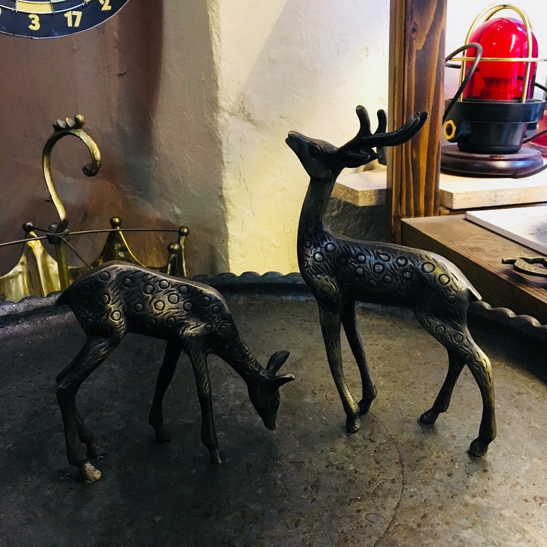 Vintage Solid Brass Deer Statues Mid Century Brass Stag Deer Etsy