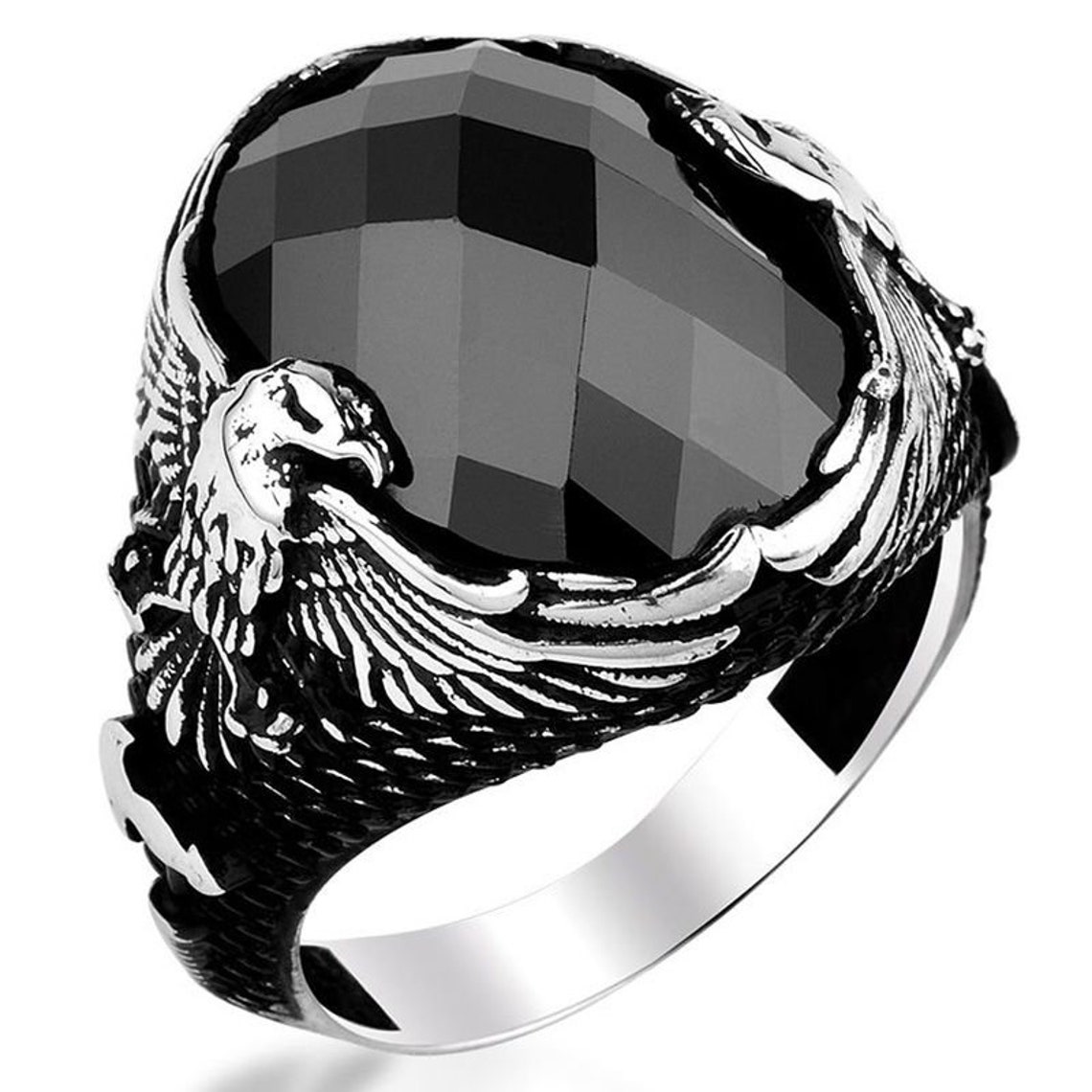 Black Onyx Men's Ring Silver Eagle Ring Rocker Ring Etsy