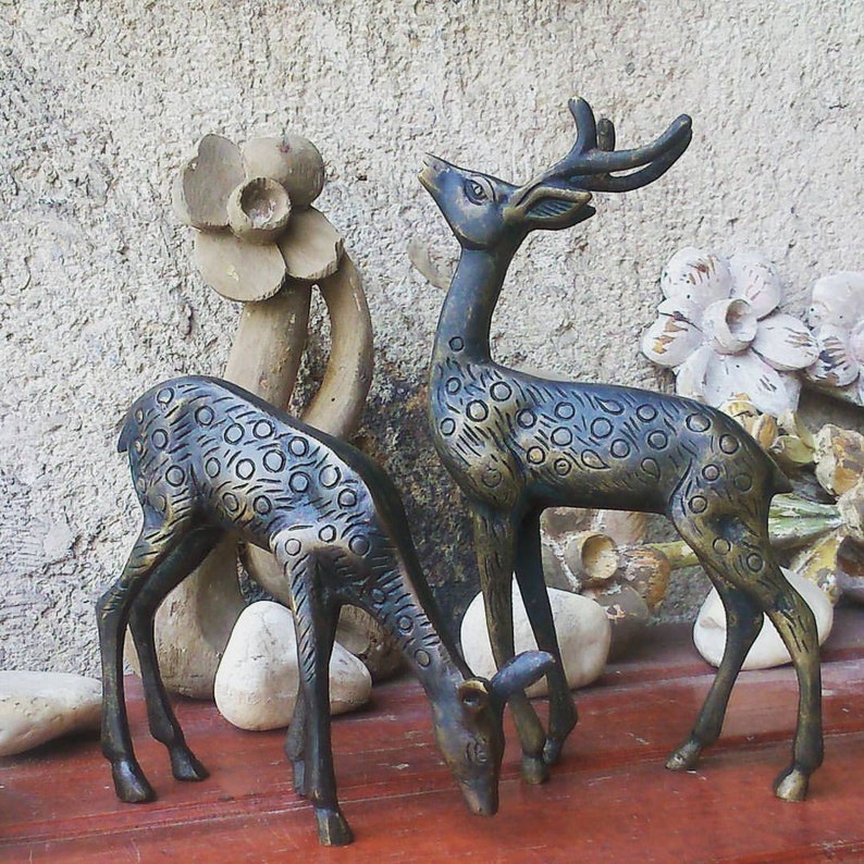 Vintage Solid Brass Deer Statues Mid Century Brass Stag Deer Etsy