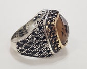 Smoky quartz men ring in 925 sterling solid silver, free express shipping