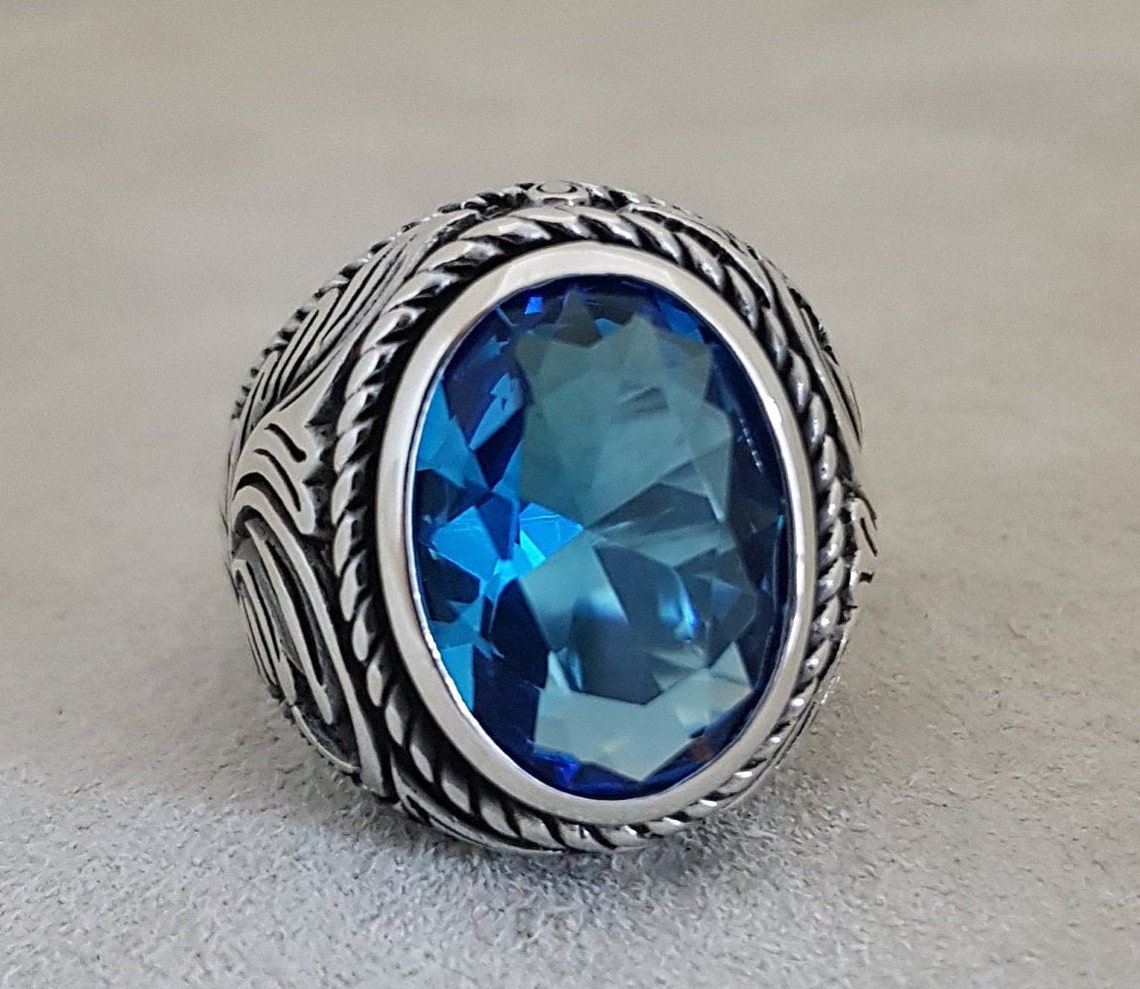 925 Sterling Silver Mens Ring Blue Stone Ring Aquamarine - Etsy
