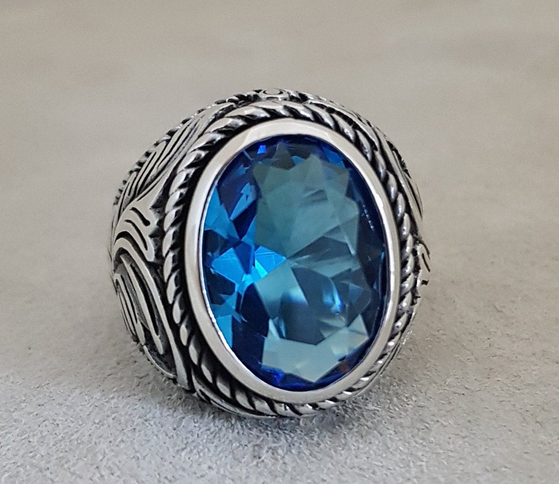 925 Sterling Silver Mens Ring Blue Stone Ring Aquamarine Etsy