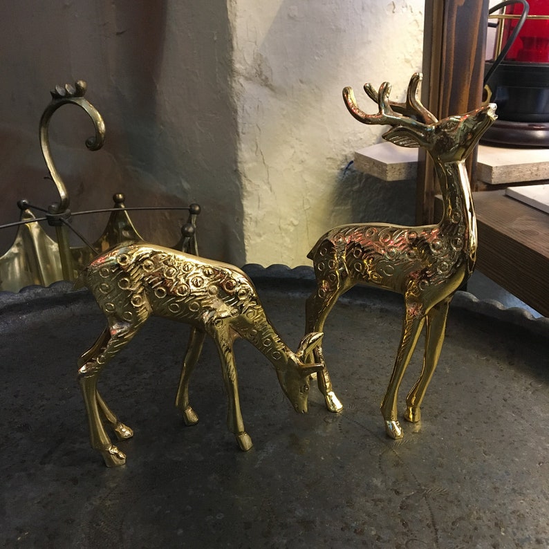 Vintage Solid Brass Deer Statues Mid Century Brass Stag Deer Etsy