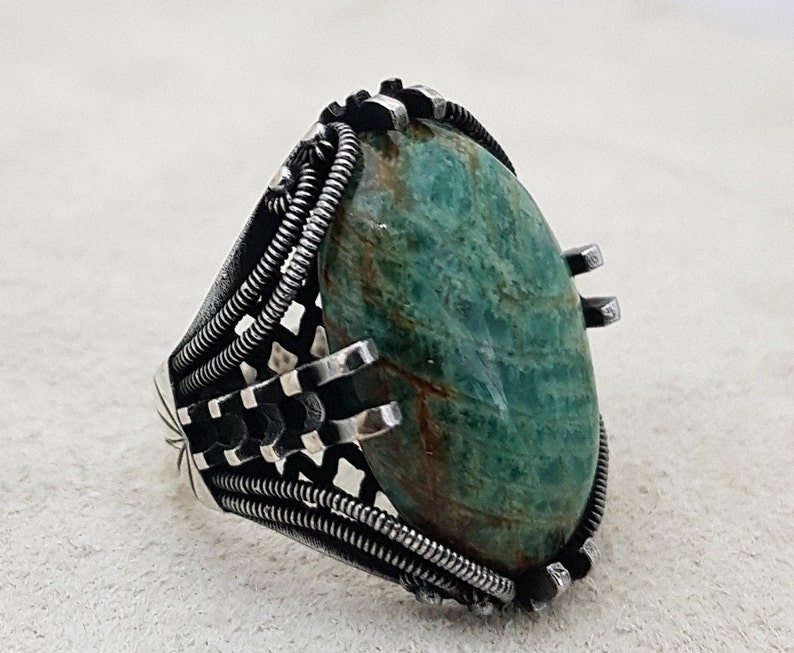 Vintage Oval Amazonite Cabochon and Sterling Silver Handmade Ring FREE Express Shipping!