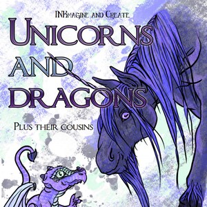 Ausdruckbares Einhörnchen und Drachen Fantasy Malbuch